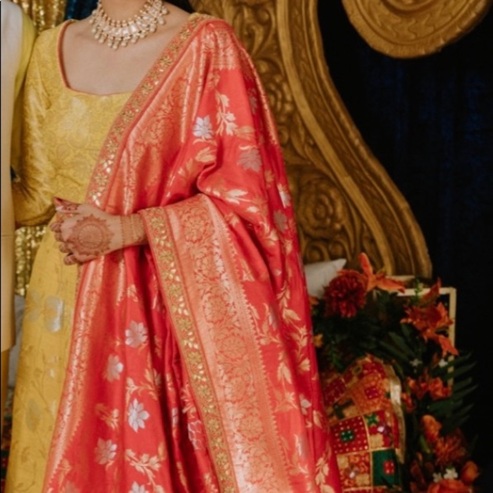 Yellow Banarasi Lengha with a Heavy Red Banarasi Dupatta